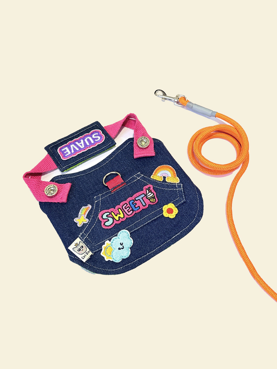Denim Embroidered Dog Harness Set