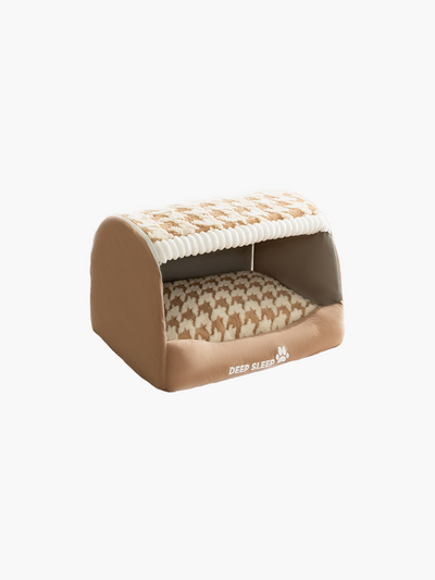 Houndstooth Print Curved Pet Bed - Brown