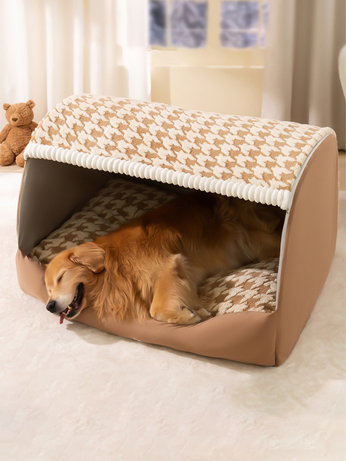 Houndstooth Print Curved Pet Bed - Brown